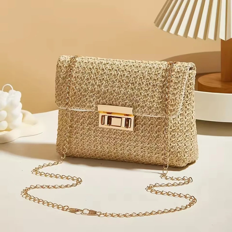 Donkerbeige Elin Ketting Crossbody van gevlochten stro