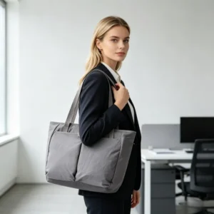 Grijze Mara Laptop Tote met lange handgrepen gedragen in een kantooromgeving